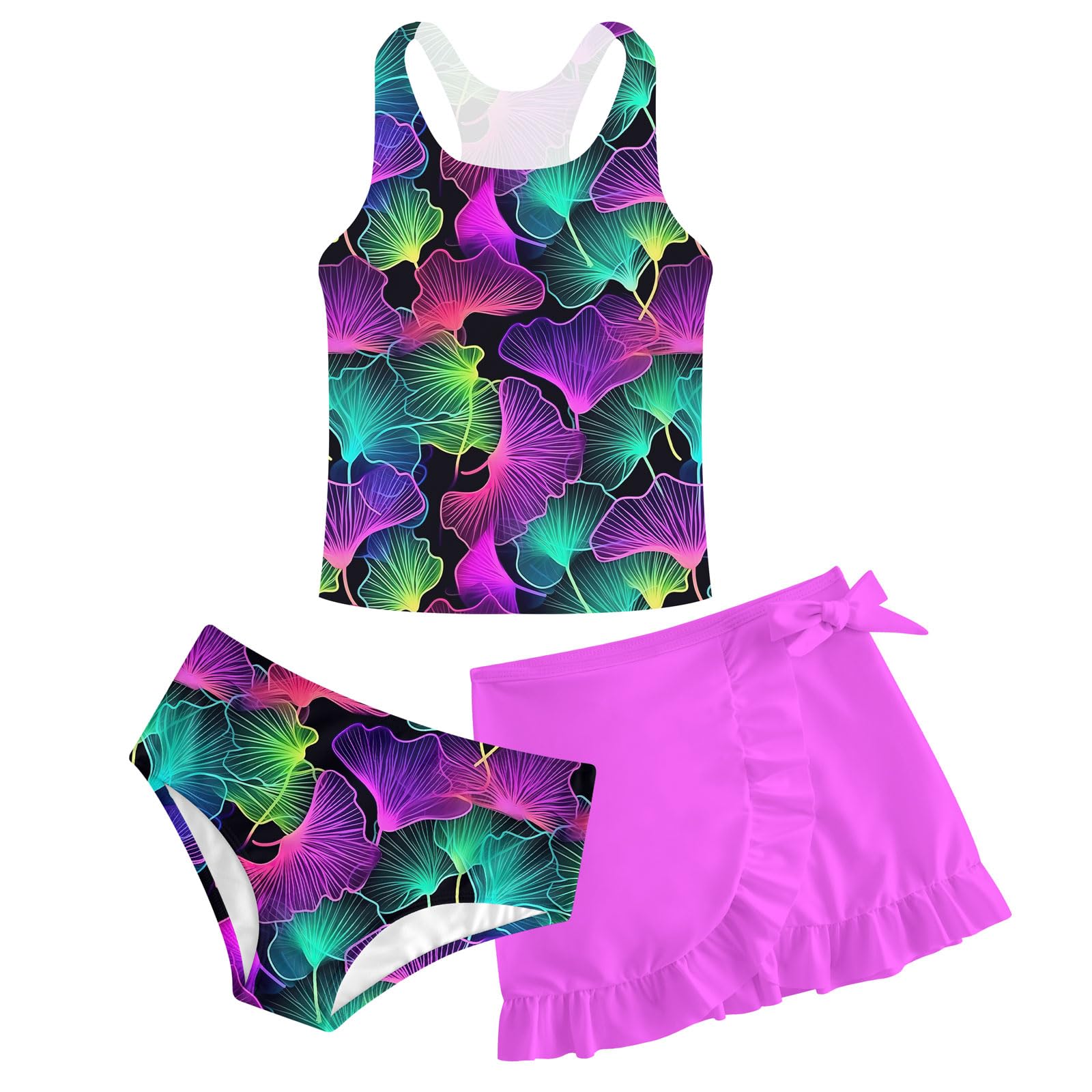 Girls Swimsuits 3 Piece Tankini Bathing Suit Set Cute Bikini Swimwear with Cover Ups Beach Skirt 5-16 Years