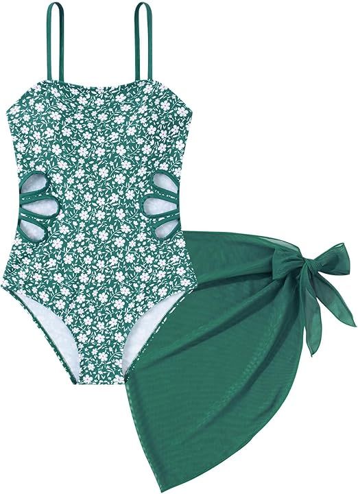 Girls Swimsuit Cut Out One Piece Bathing Suit Adjustable Straps Swimwear with Cover Up Skirt Size 9-16
