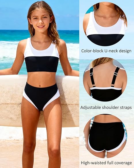Kids4ever Girls Swimsuit 2 Piece Color Block Teen Bathing Suit Girl's Bikini Set Size 9-16Y