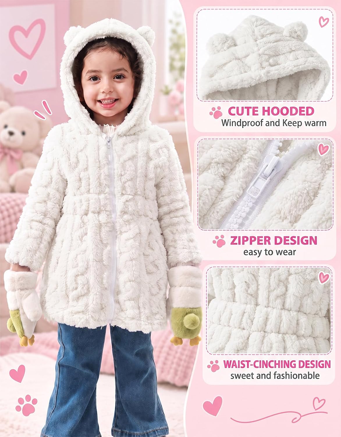 Toddler Girls Fleece Jacket Hooded Zip-up Warm Coats 2-6 Years