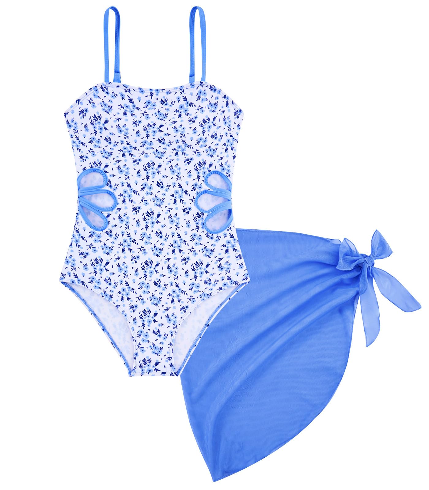 Girls Swimsuit Cut Out One Piece Bathing Suit Adjustable Straps Swimwear with Cover Up Skirt Size 9-16