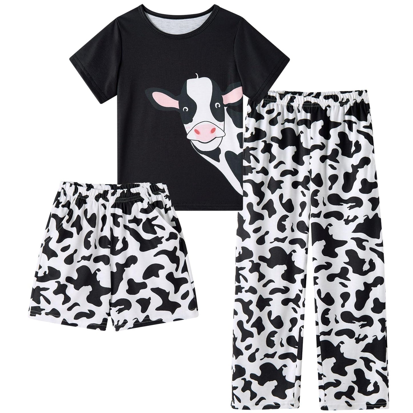 Funnycokid Girls Pajamas Kids 3 Piece Pjs Set Summer Short Sleeve Jammies with Pockets 5-14 Years