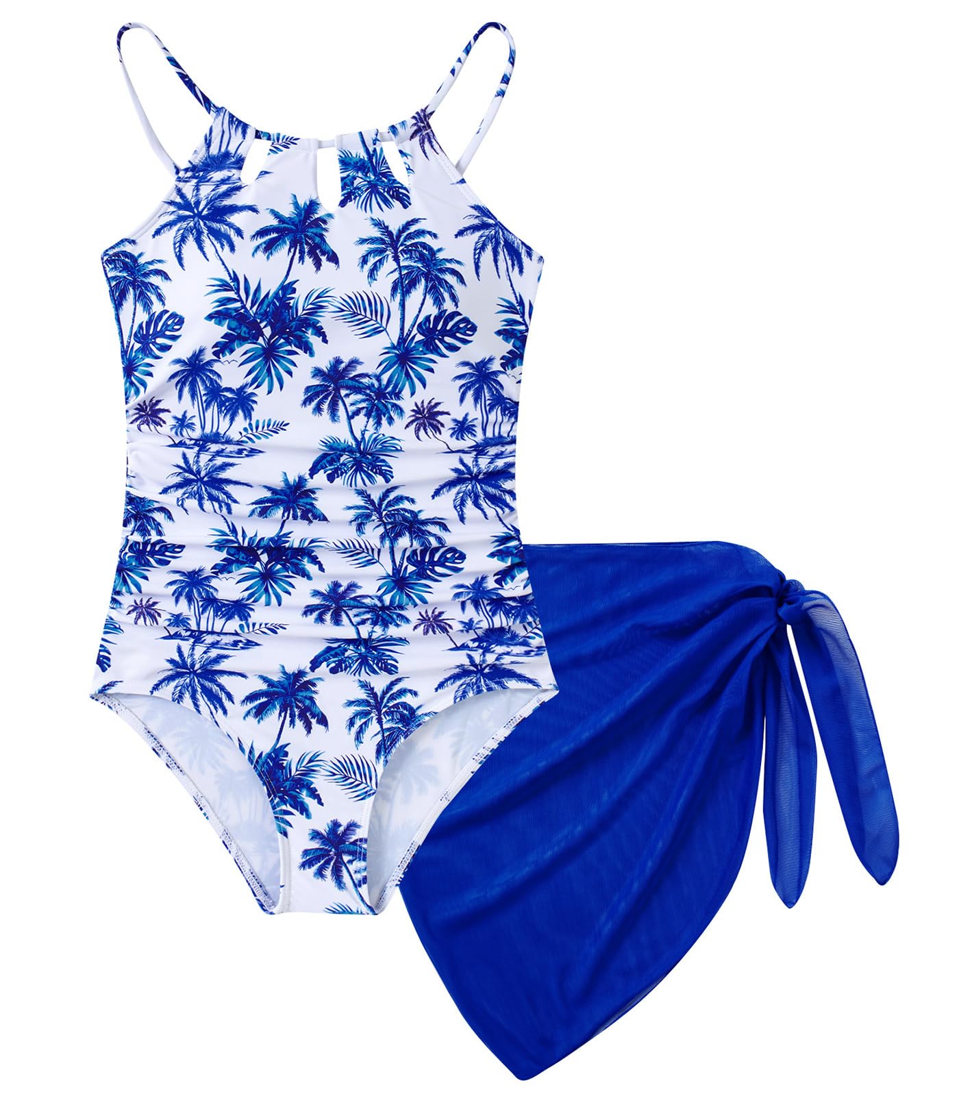 Girls Swimsuit One-Piece Bathing Suit with Mesh Cover Ups Adjustable Straps Cut Out Swimwear Size 7-16