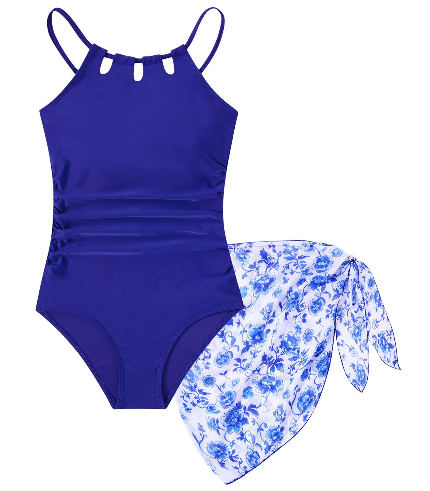 Girls Swimsuit One-Piece Bathing Suit with Mesh Cover Ups Adjustable Straps Cut Out Swimwear Size 7-16