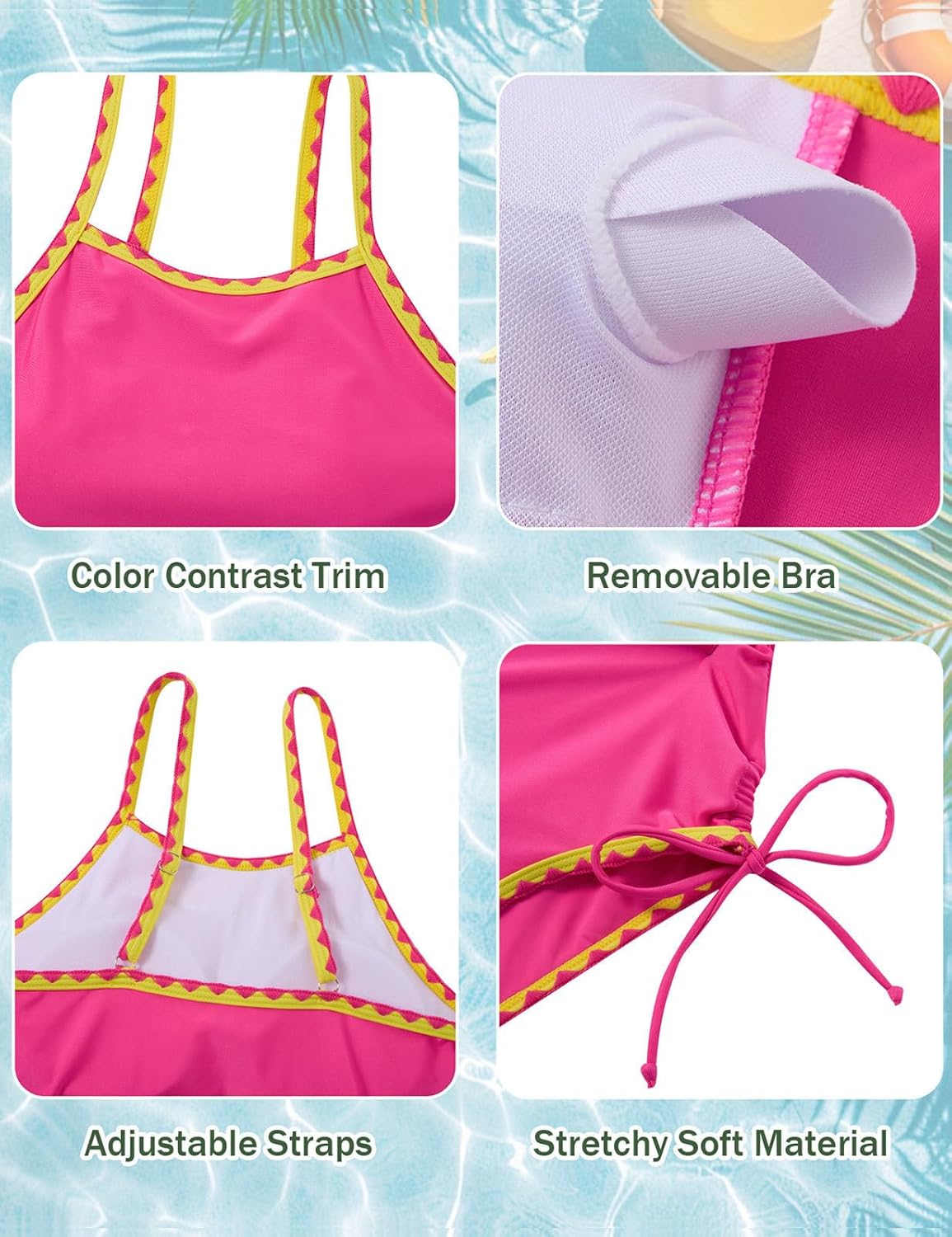Girls Swimsuit One Piece Bathing Suit Color Contrast Trim Adjustable Strap Drawstring Swimwear for Teens Size 9-16