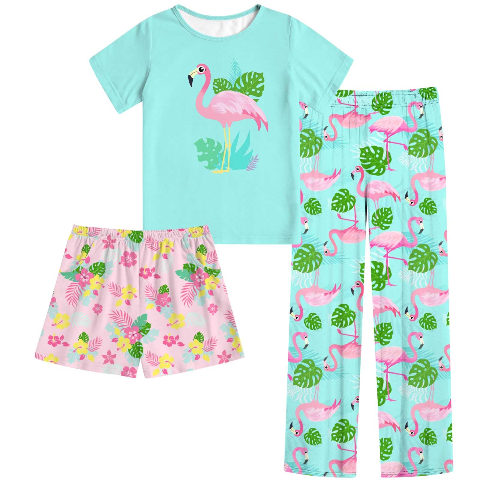 Funnycokid Girls Pajamas Kids 3 Piece Pjs Set Summer Short Sleeve Jammies with Pockets 5-14 Years