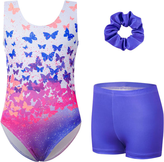 uideazone Gymnastic Leotard for Girls Sparkly Dance Unitards with Shorts and Hair Scrunchie 3Pcs Gym Set for 4-11 Years