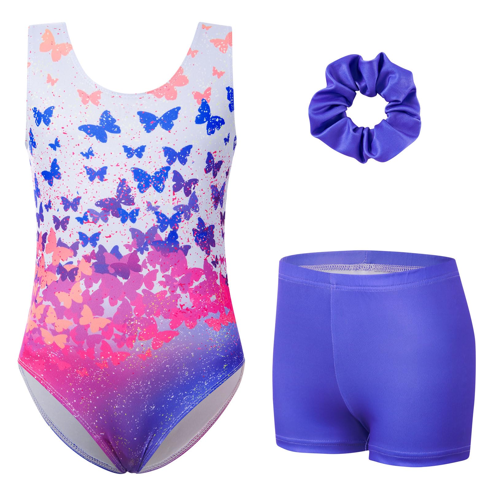 uideazone Gymnastic Leotard for Girls Sparkly Dance Unitards with Shorts and Hair Scrunchie 3Pcs Gym Set for 4-11 Years
