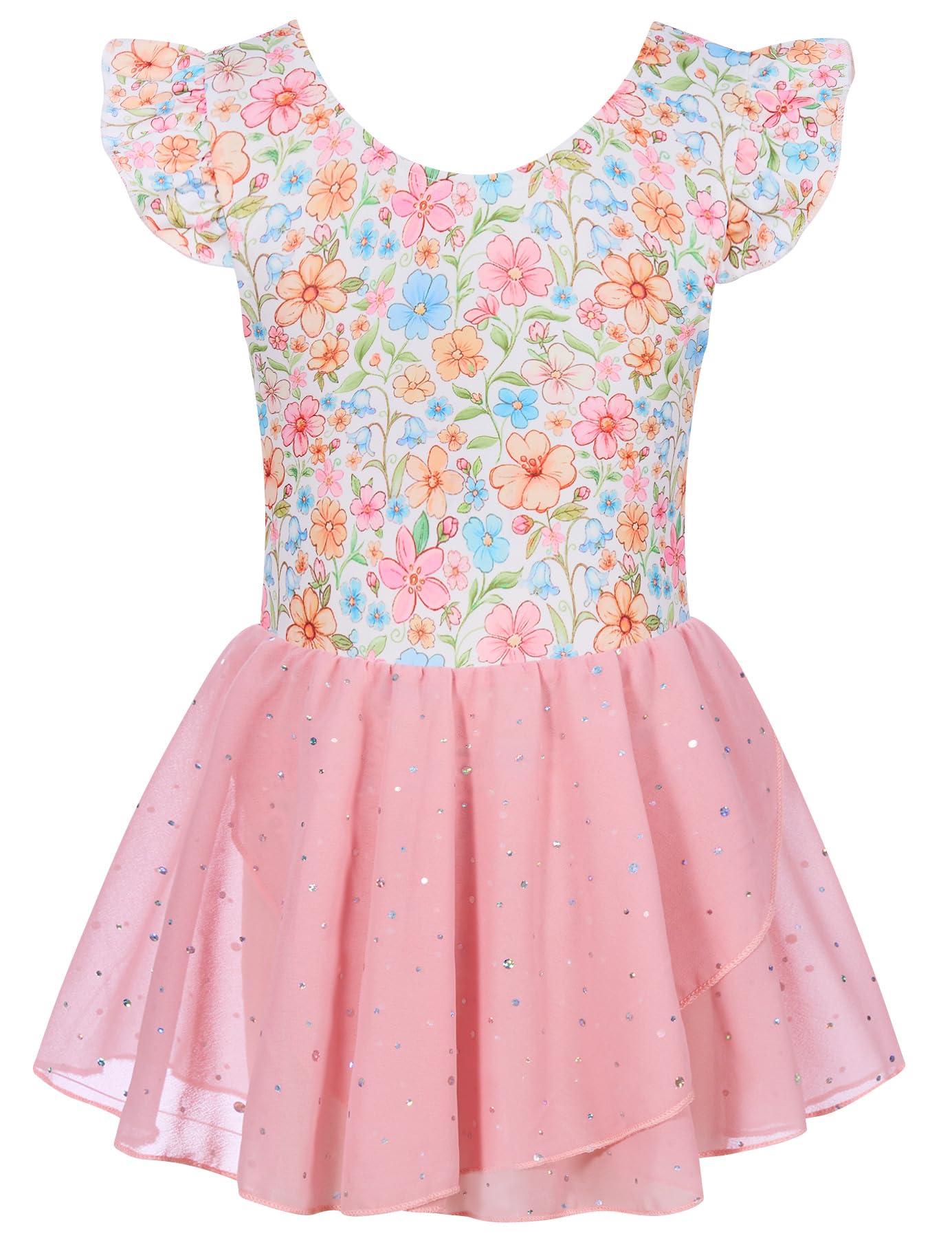Funnycokid Girls Ruffle Sleeve Ballet Dance Leotard with Sparkly Chiffon Skirted Ballerina Outfit 2-9 Years