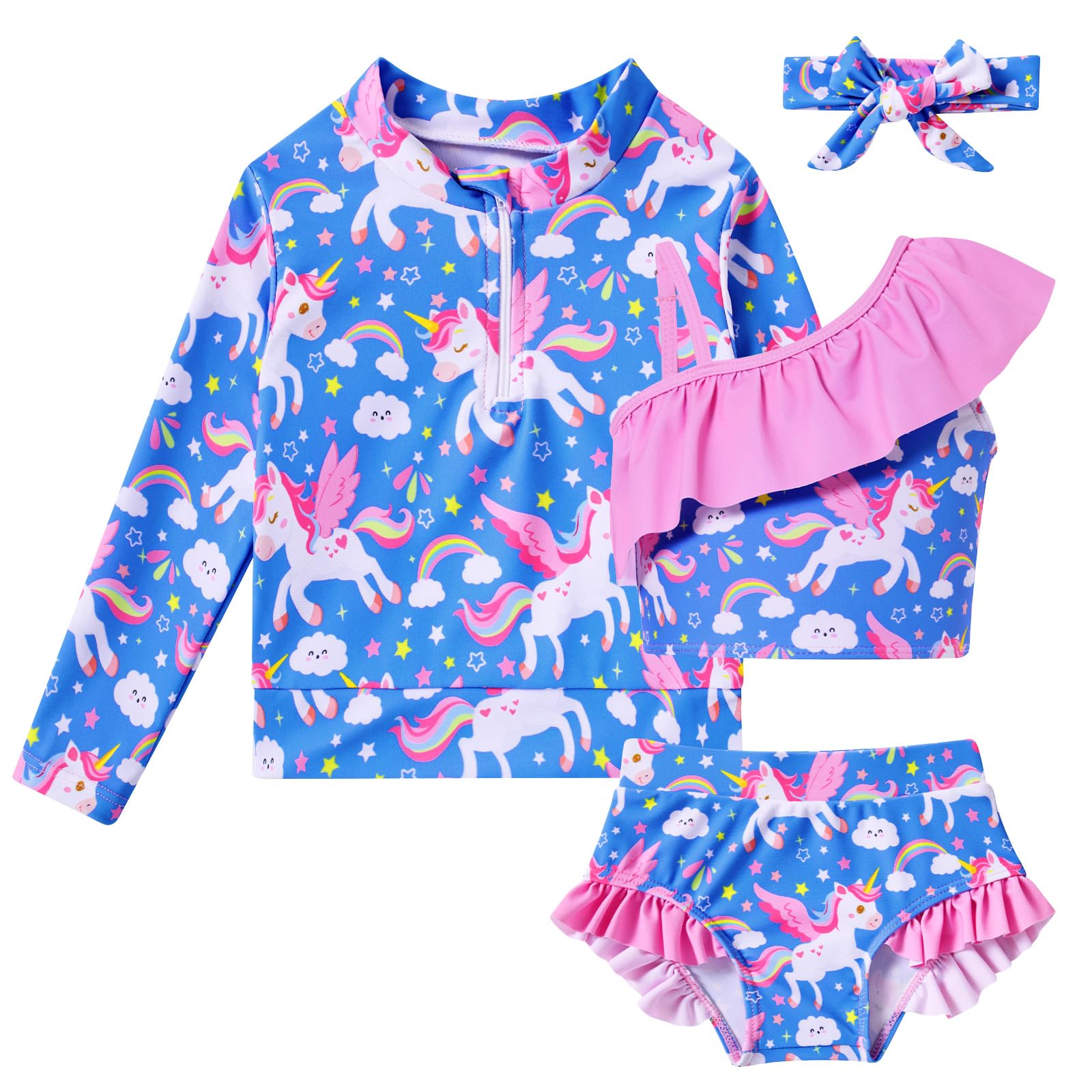 Funnycokid Baby Toddler Girls Swimsuit 4 Piece Bathing Suit Long Sleeve Rash Guard Sets 6 Months - 5 Years