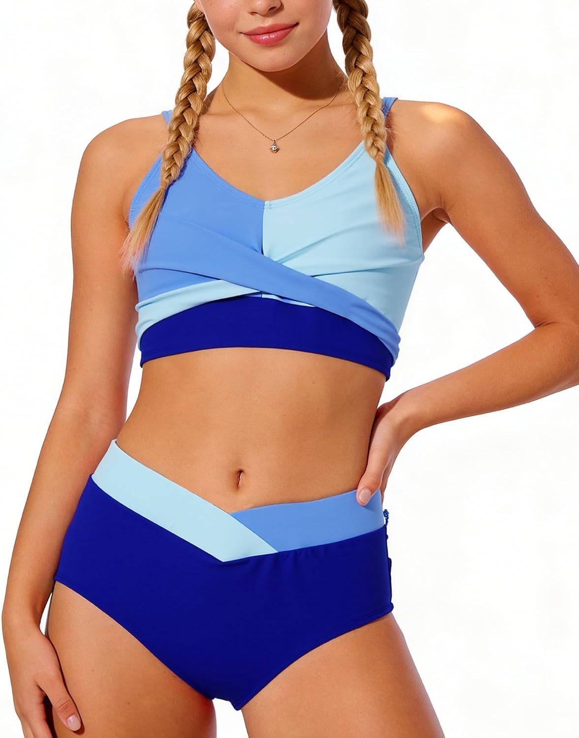 swimsobo Teen Girls Swimsuit Size 7-16 Two Pieces Bikini Sets with Chest Pad Bathing Suit Color Block Swimwear