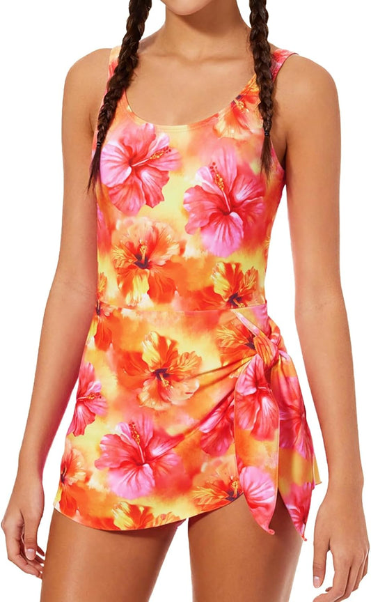 Girl Swimsuit One Piece Swim Dress Adjustable Straps Bathing Suit with Bottom Size 9-16