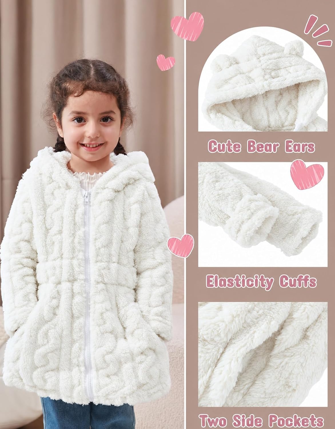 Toddler Girls Fleece Jacket Hooded Zip-up Warm Coats 2-6 Years