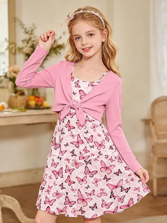Girls Soft Stretchy Knit Cardigan,Shirred Back A-Line Dress,Picture Day Outfits for School,Tween Girls Trendy Clothes 7-14Y