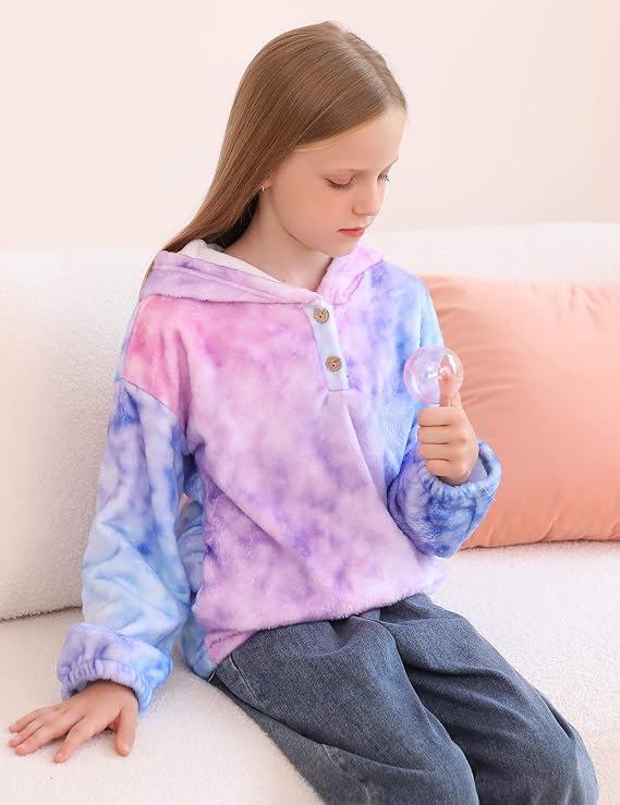 Girl's Fuzzy Hoodies Warm Loose Button Pullover Oversized Sherpa Jacket Coat, Size 6-13Y