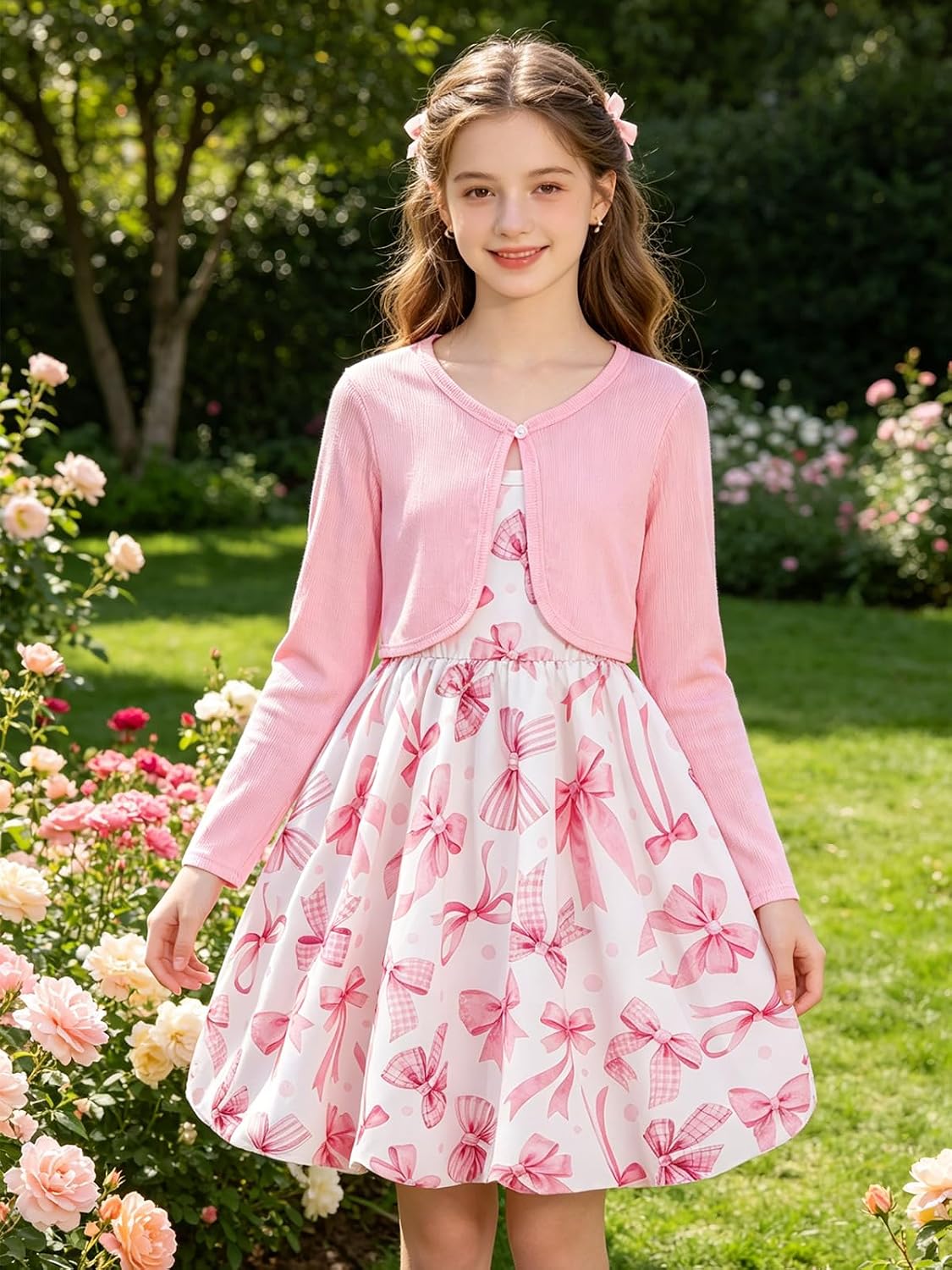 RAISEVERN 7-14Y Girls Bubble Dress with Pockets and Cardigan 2 Piece Set | Tween Trendy Clothes, Kids Graduation Dresses for Girl, Skin-Friendly Fabric, Ideal for Gift, Picture Day Outfits for School
