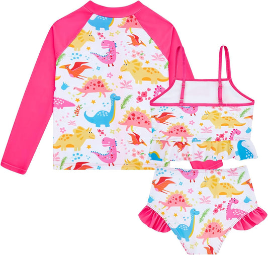 Funnycokid Girls Swimsuit Kids Bathing Suit 3-7 Years Rashguard Swimwear Long Sleeve 3 Piece Toddler