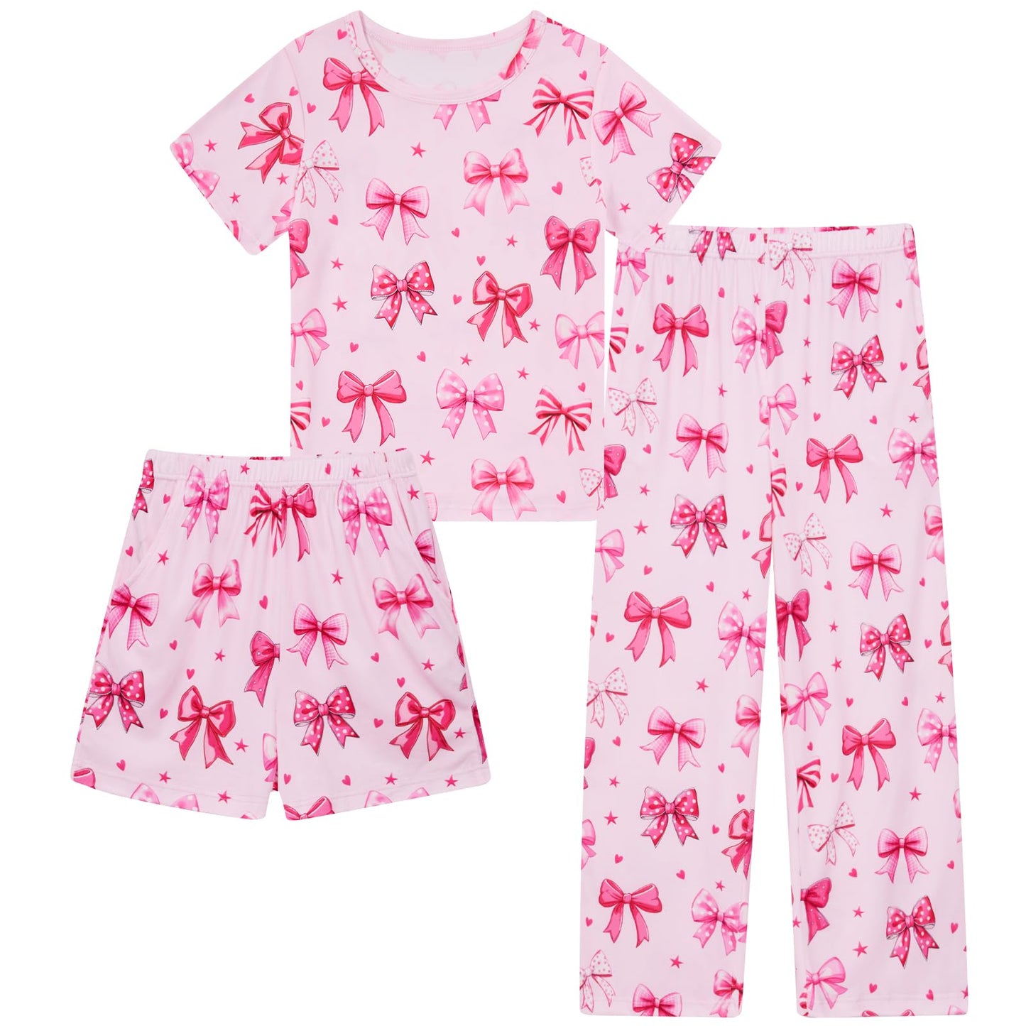 Funnycokid Girls Pajamas Kids 3 Piece Pjs Set Summer Short Sleeve Jammies with Pockets 5-14 Years