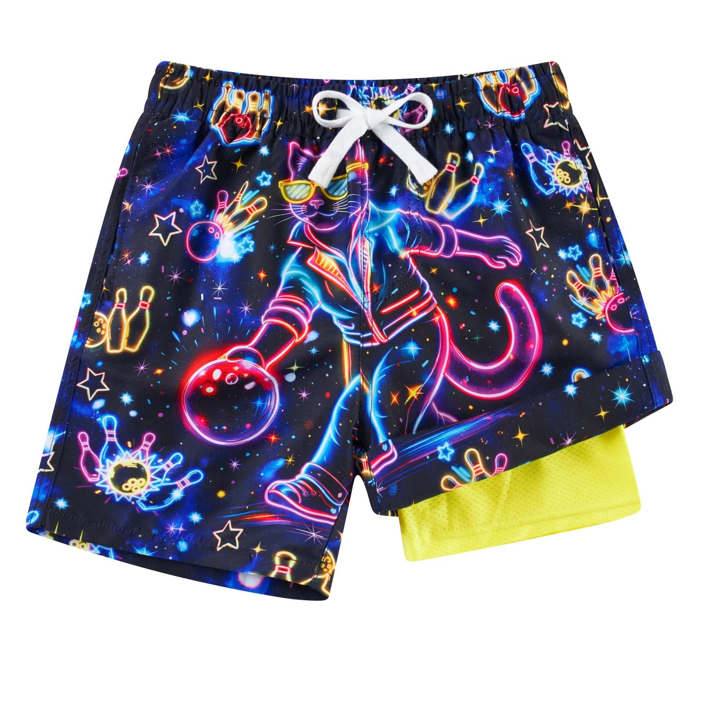 Cozople Boys Swim Trunks with Compression Liner Neon Bathing Suit Quick Dry Swim Shorts Swimsuit 7-16T