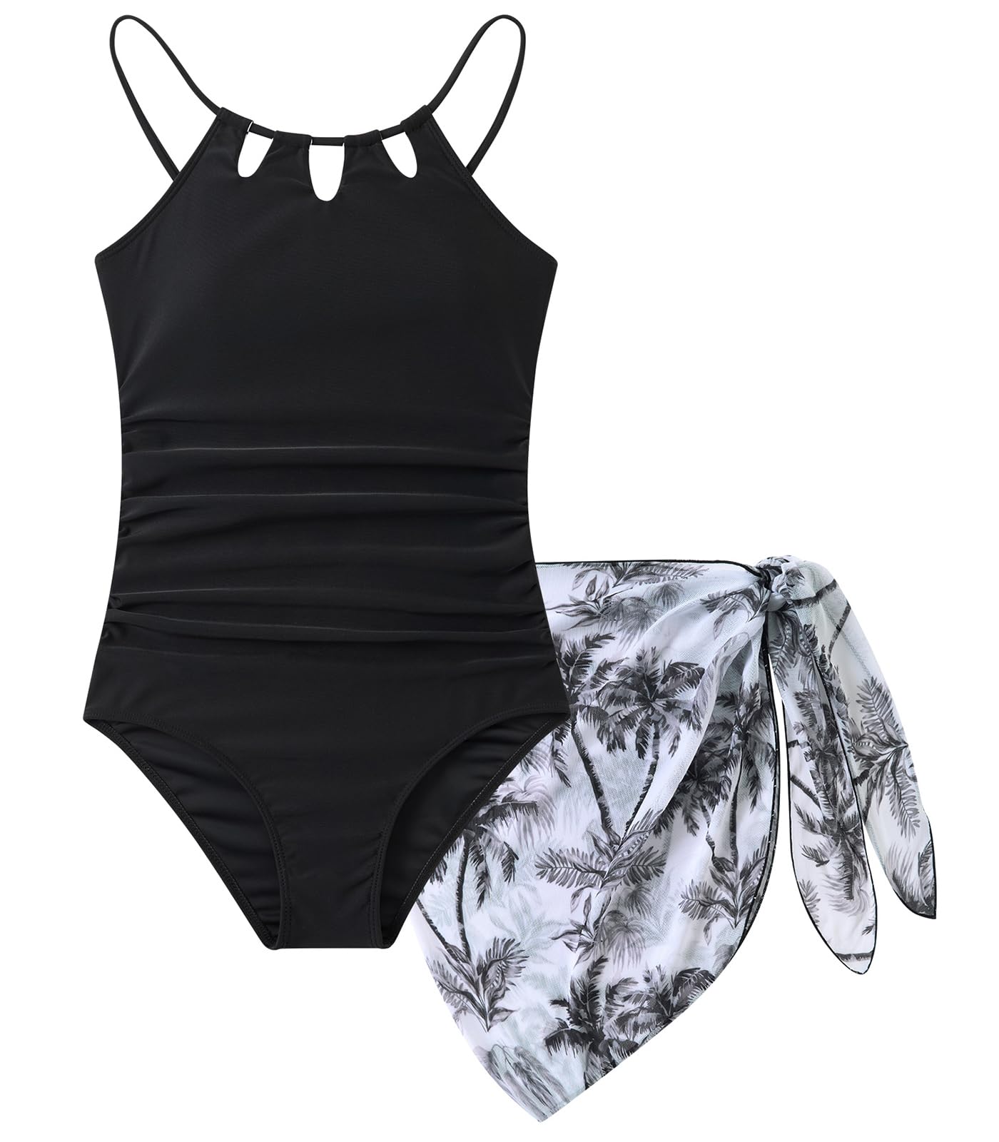 Girls Swimsuit One-Piece Bathing Suit with Mesh Cover Ups Adjustable Straps Cut Out Swimwear Size 7-16