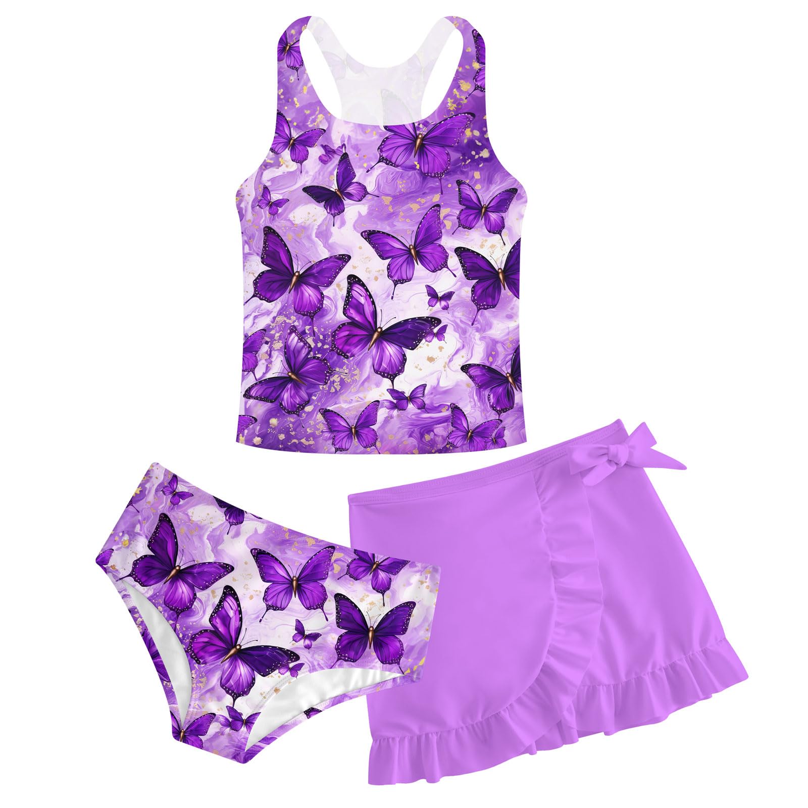 Girls Swimsuits 3 Piece Tankini Bathing Suit Set Cute Bikini Swimwear with Cover Ups Beach Skirt 5-16 Years