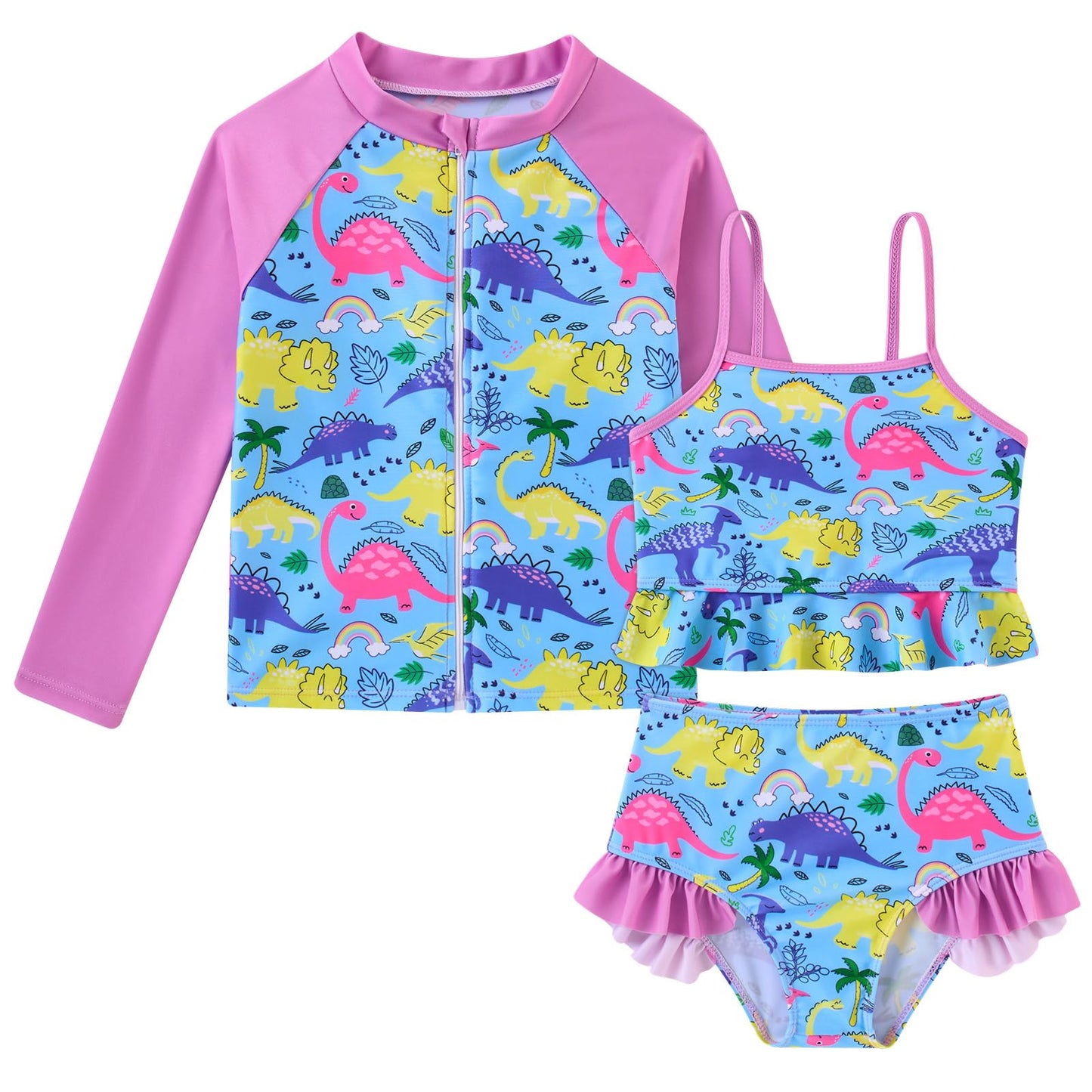 Funnycokid Girls Swimsuit Kids Bathing Suit 3-7 Years Rashguard Swimwear Long Sleeve 3 Piece Toddler