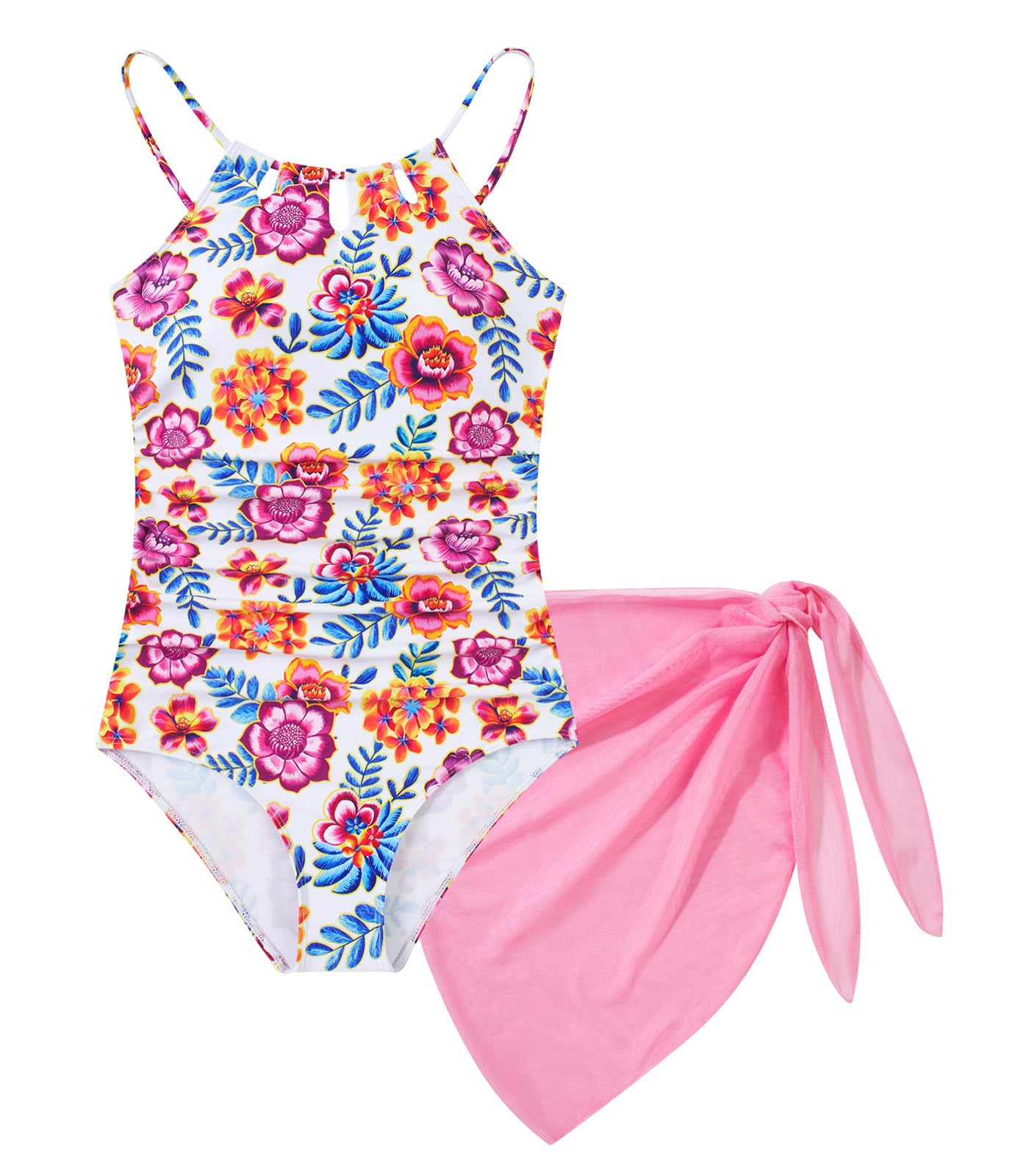 Girls Swimsuit One-Piece Bathing Suit with Mesh Cover Ups Adjustable Straps Cut Out Swimwear Size 7-16