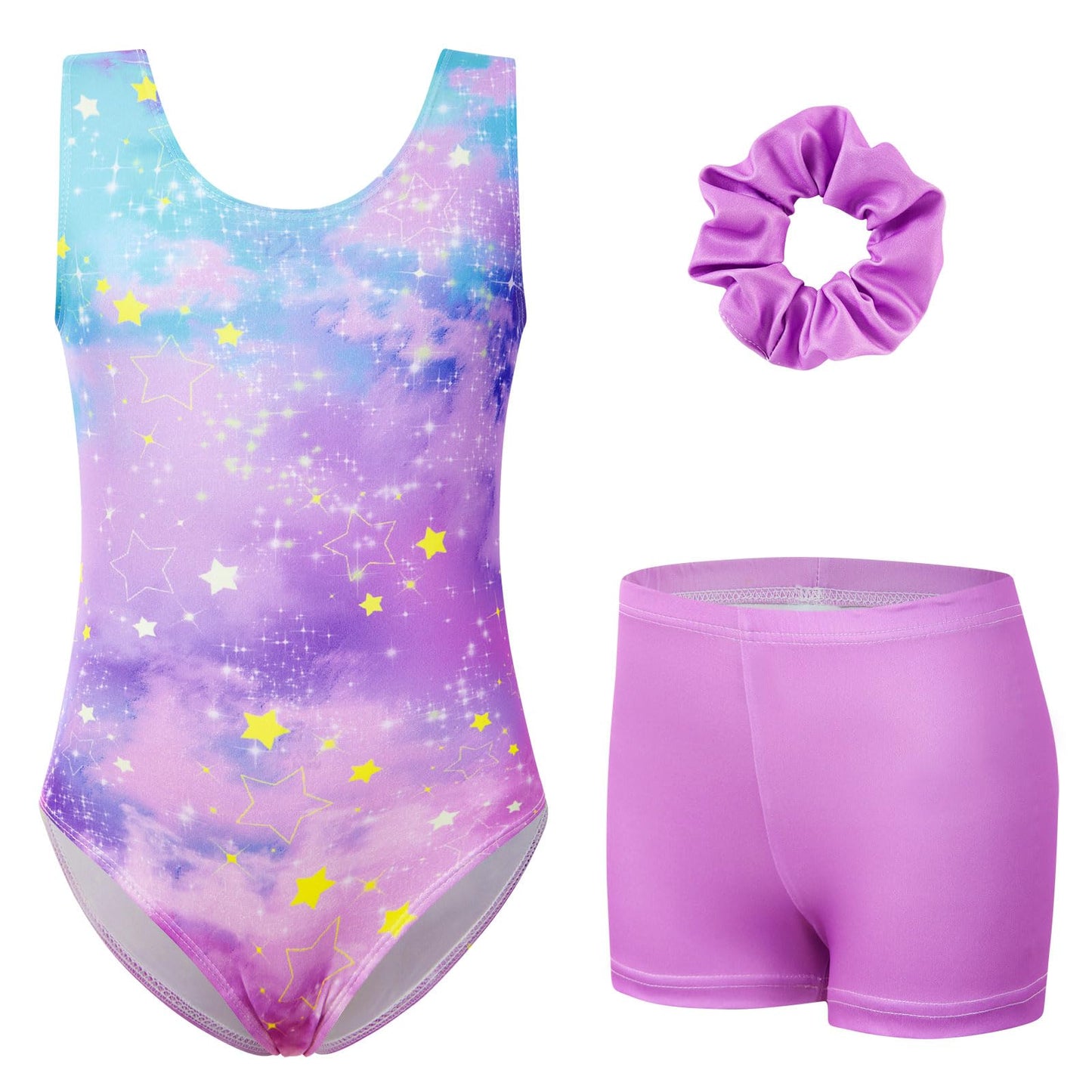 uideazone Gymnastic Leotard for Girls Sparkly Dance Unitards with Shorts and Hair Scrunchie 3Pcs Gym Set for 4-11 Years