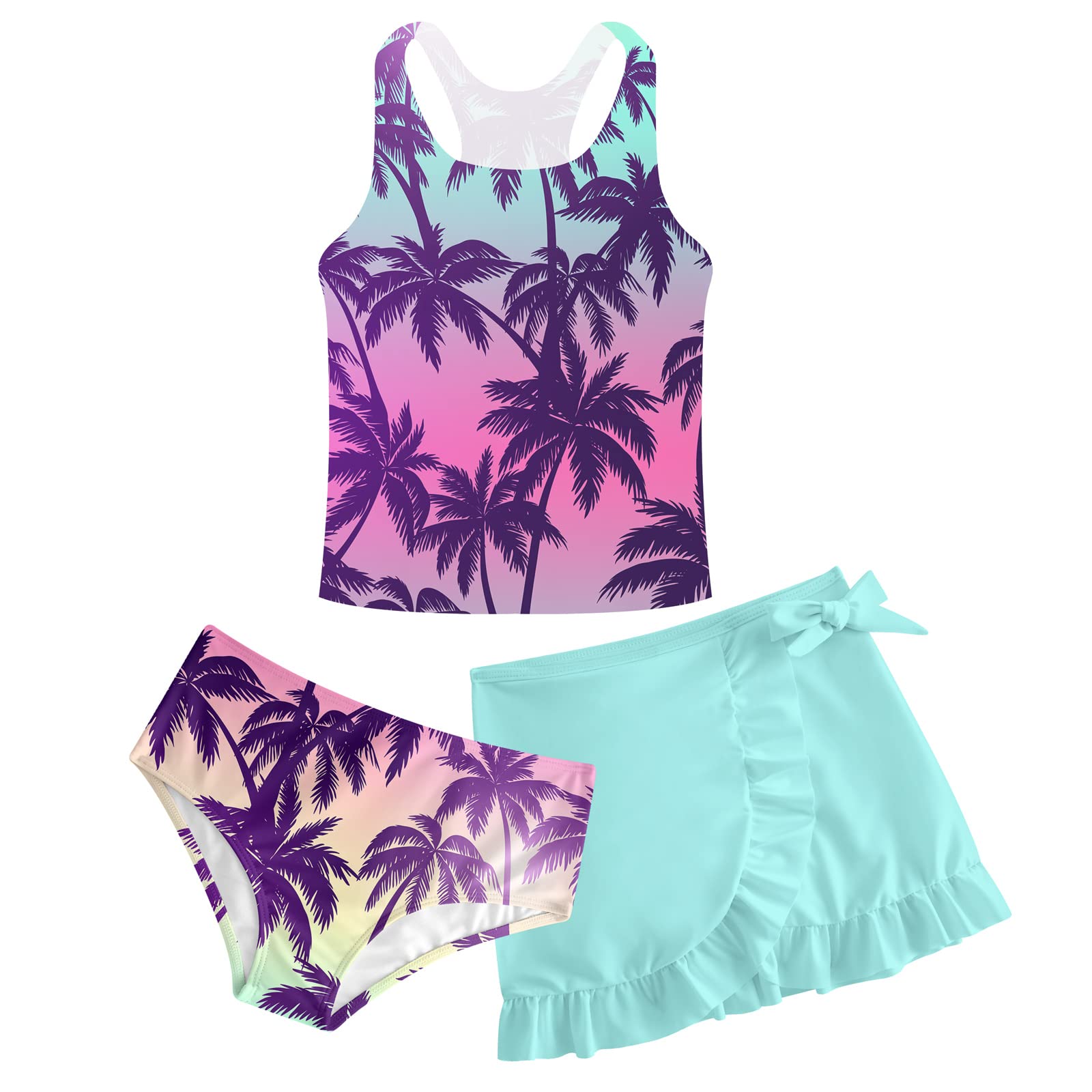 Girls Swimsuits 3 Piece Tankini Bathing Suit Set Cute Bikini Swimwear with Cover Ups Beach Skirt 5-16 Years