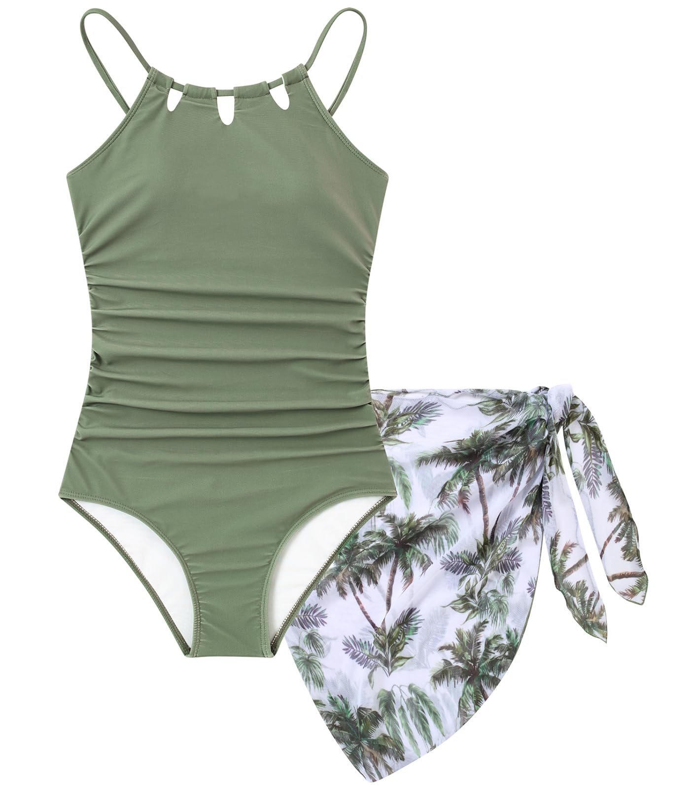 Girls Swimsuit One-Piece Bathing Suit with Mesh Cover Ups Adjustable Straps Cut Out Swimwear Size 7-16