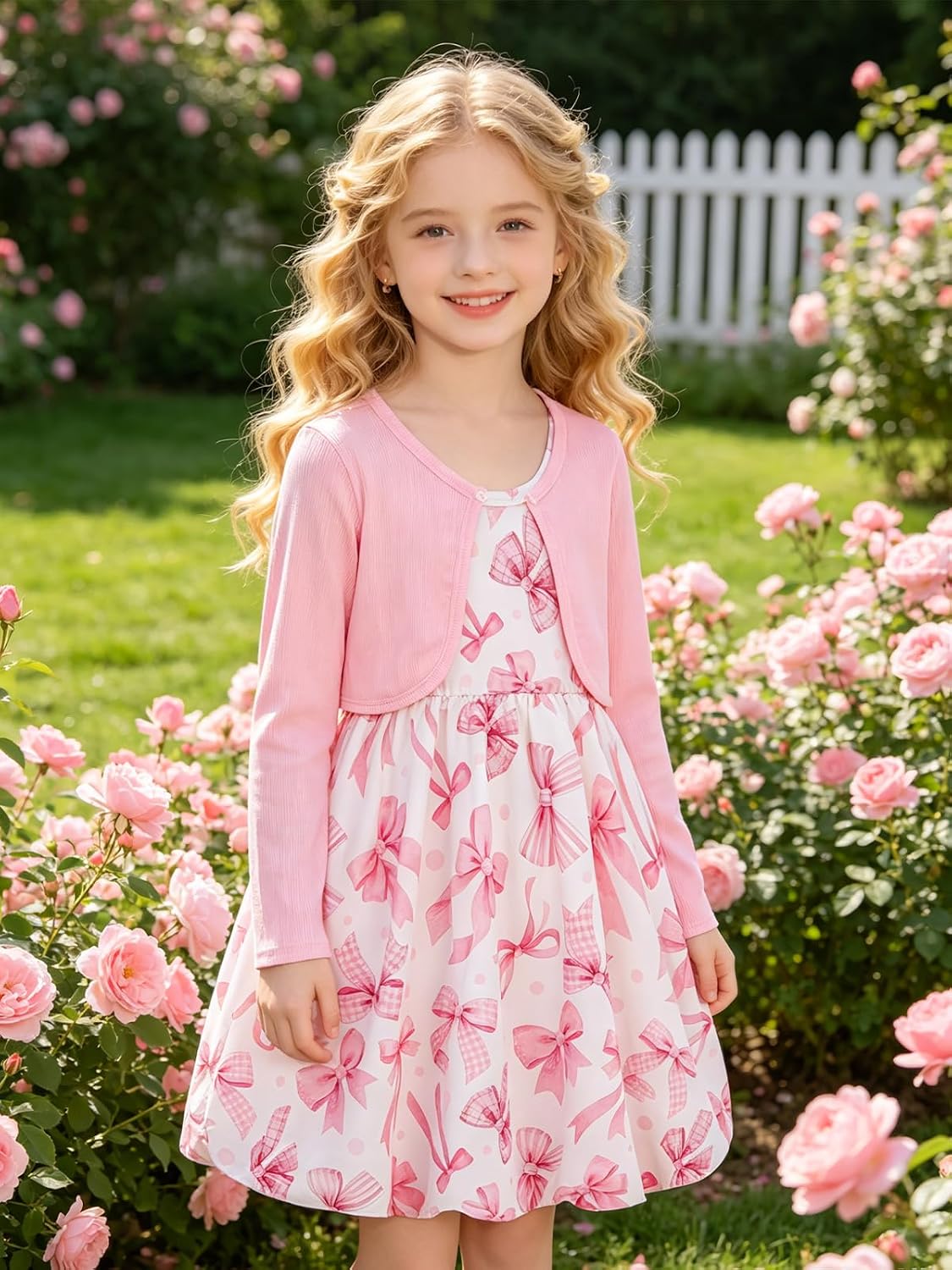 RAISEVERN 7-14Y Girls Bubble Dress with Pockets and Cardigan 2 Piece Set | Tween Trendy Clothes, Kids Graduation Dresses for Girl, Skin-Friendly Fabric, Ideal for Gift, Picture Day Outfits for School