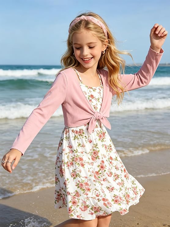 Girls Soft Stretchy Knit Cardigan,Shirred Back A-Line Dress,Picture Day Outfits for School,Tween Girls Trendy Clothes 7-14Y