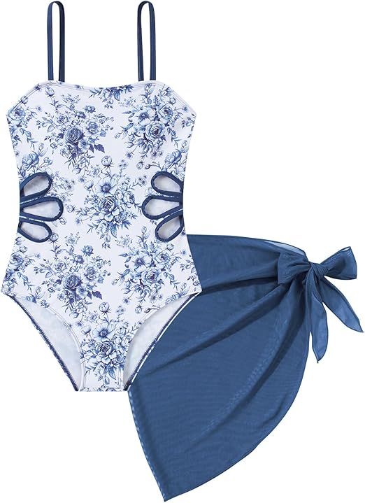 Girls Swimsuit Cut Out One Piece Bathing Suit Adjustable Straps Swimwear with Cover Up Skirt Size 9-16