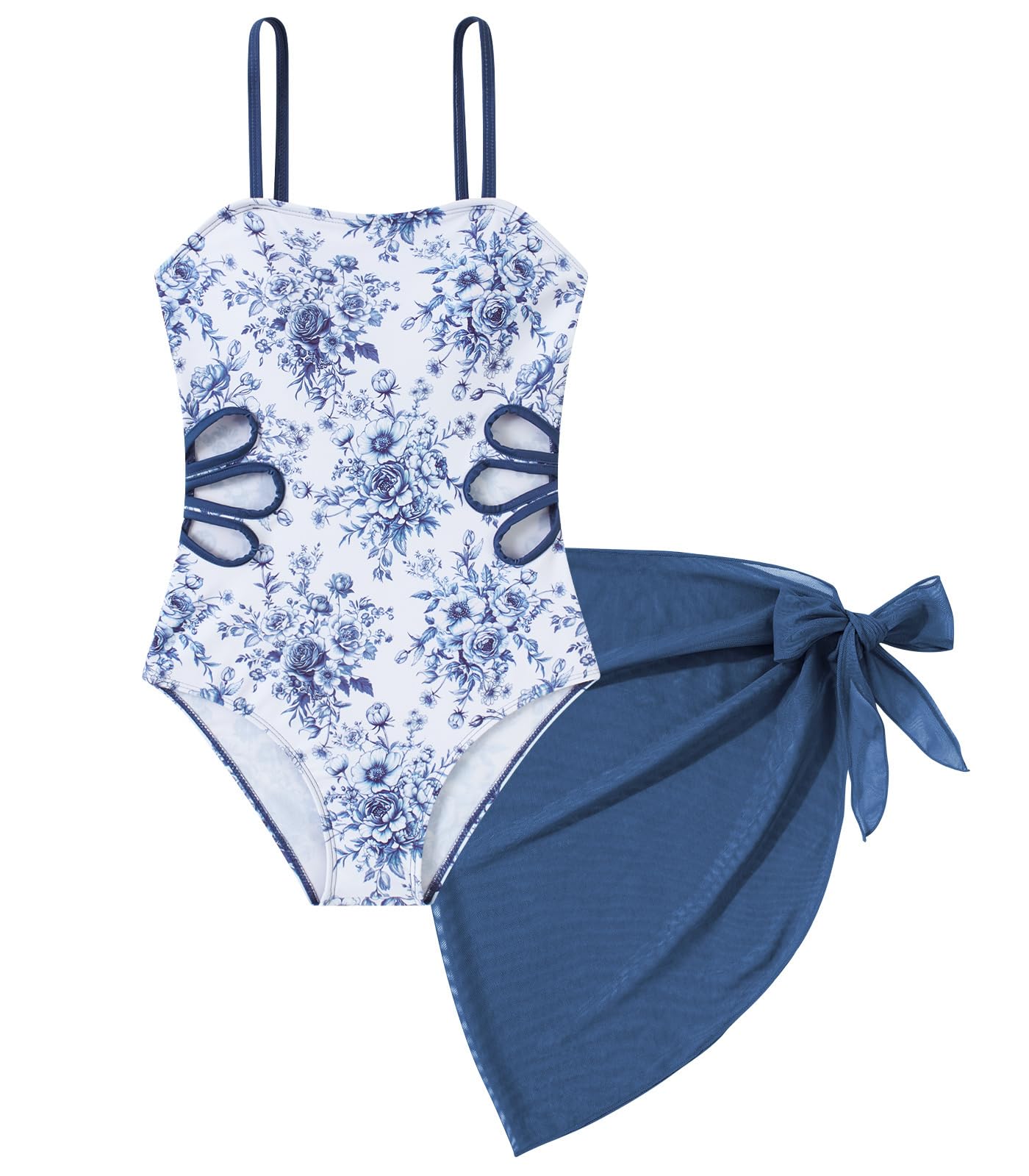 Girls Swimsuit Cut Out One Piece Bathing Suit Adjustable Straps Swimwear with Cover Up Skirt Size 9-16
