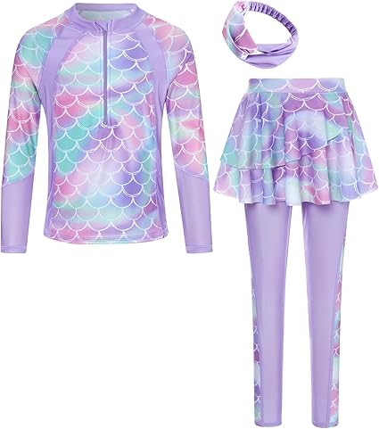 Girls Long Sleeve Rashguard Half Zip Swimsuits UPF 50+ Two Piece Swim Sets with Hairband 5-12Y