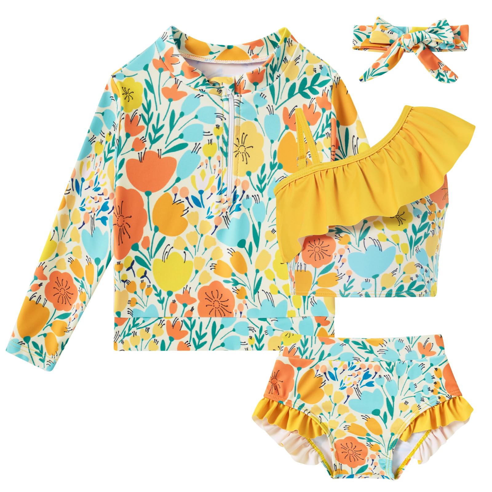 Funnycokid Baby Toddler Girls Swimsuit 4 Piece Bathing Suit Long Sleeve Rash Guard Sets 6 Months - 5 Years