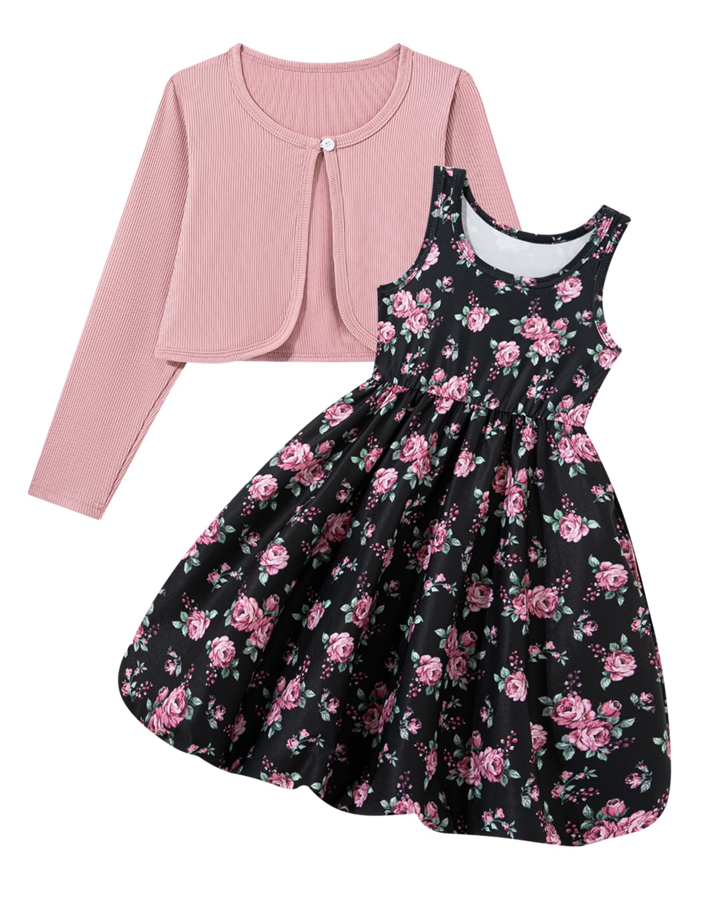 RAISEVERN 7-14Y Girls Bubble Dress with Pockets and Cardigan 2 Piece Set | Tween Trendy Clothes, Kids Graduation Dresses for Girl, Skin-Friendly Fabric, Ideal for Gift, Picture Day Outfits for School