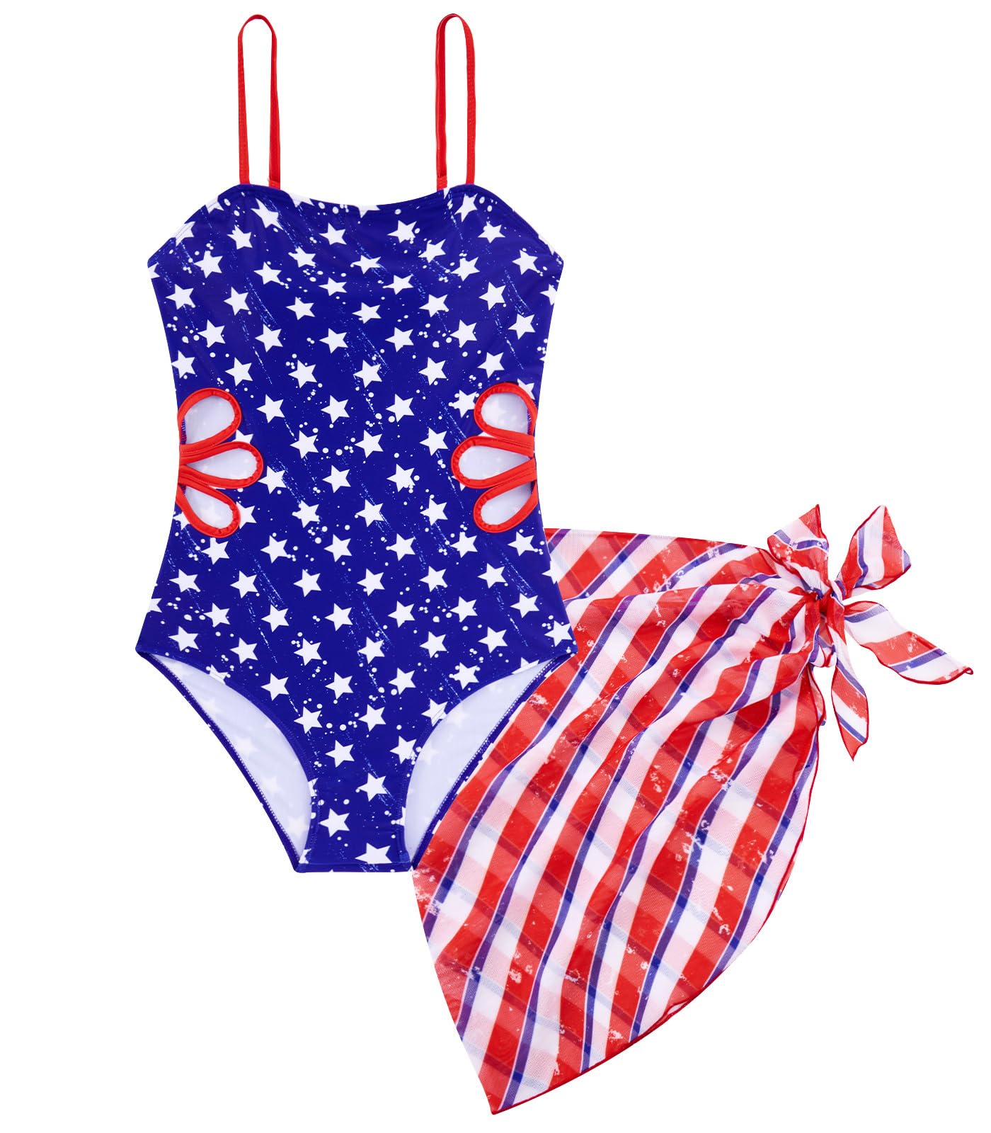 Girls Swimsuit Cut Out One Piece Bathing Suit Adjustable Straps Swimwear with Cover Up Skirt Size 9-16