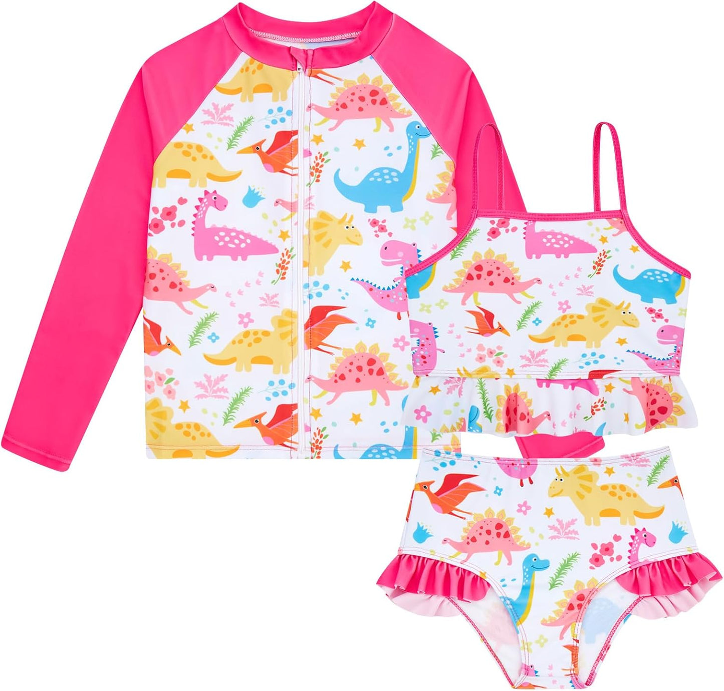 Funnycokid Girls Swimsuit Kids Bathing Suit 3-7 Years Rashguard Swimwear Long Sleeve 3 Piece Toddler