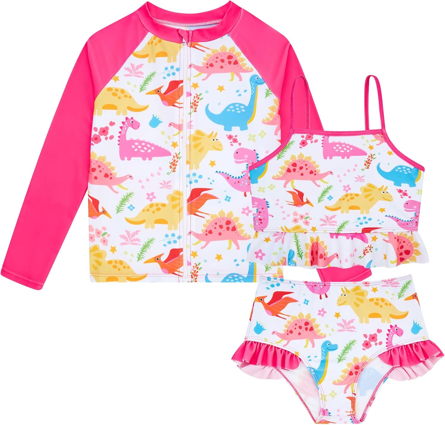 Funnycokid Girls Swimsuit Kids Bathing Suit 3-7 Years Rashguard Swimwear Long Sleeve 3 Piece Toddler