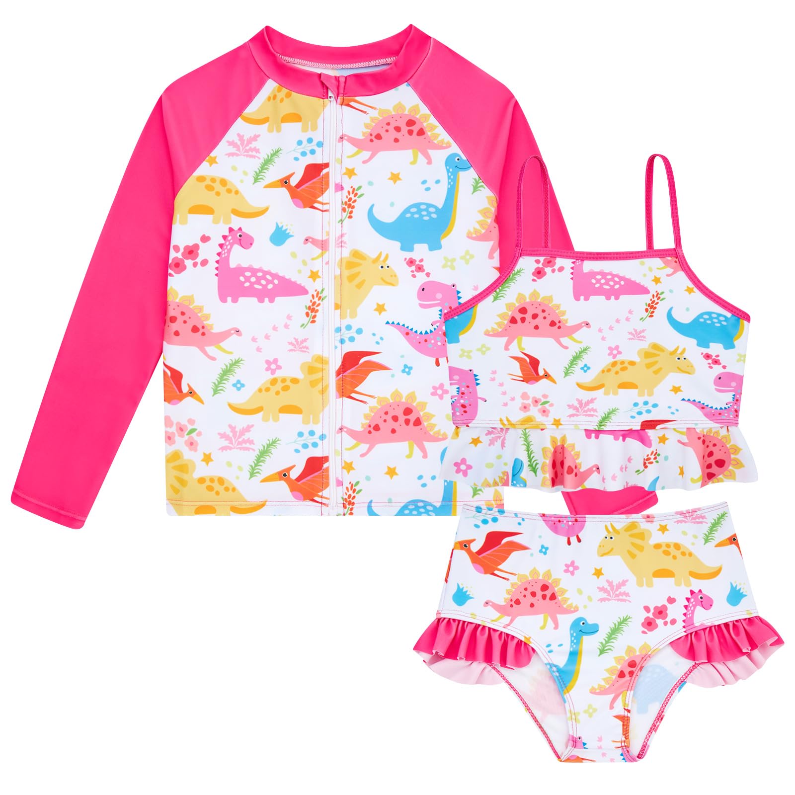 Funnycokid Girls Swimsuit Kids Bathing Suit 3-7 Years Rashguard Swimwear Long Sleeve 3 Piece Toddler