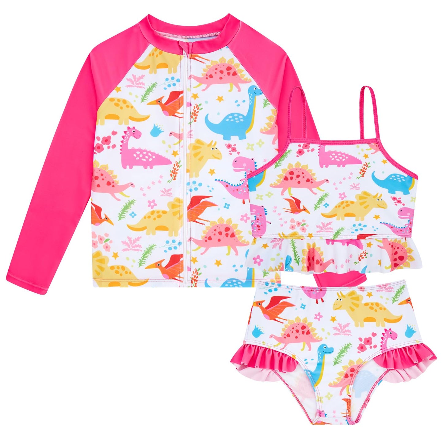 Funnycokid Girls Swimsuit Kids Bathing Suit 3-7 Years Rashguard Swimwear Long Sleeve 3 Piece Toddler