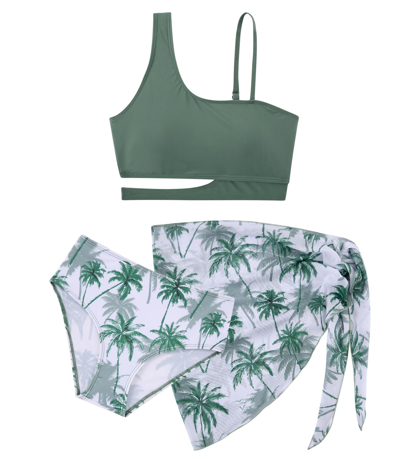 ALISISTER Girls Swimsuit Size 9 10 Kids Swimming Bathing Suits Tropical Print Girl 3 Piece Bikini for Teens with Modest Cover Up Skirt Green Cutout Juniors Girl Swimwear
