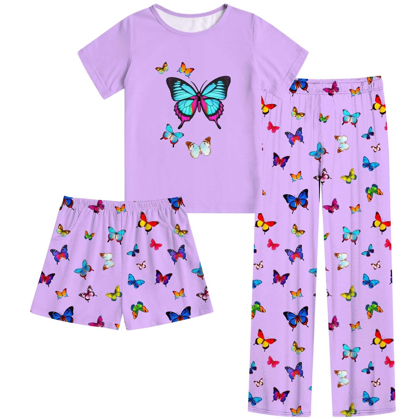 Funnycokid Girls Pajamas Kids 3 Piece Pjs Set Summer Short Sleeve Jammies with Pockets 5-14 Years