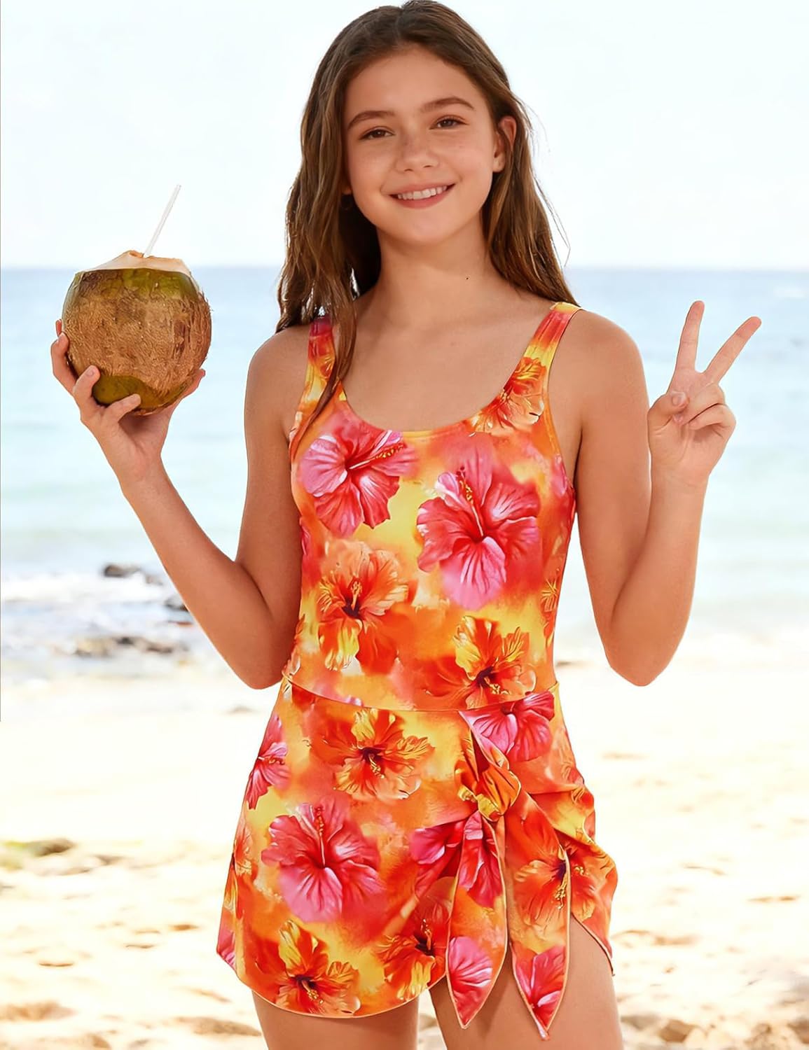Girl Swimsuit One Piece Swim Dress Adjustable Straps Bathing Suit with Bottom Size 9-16
