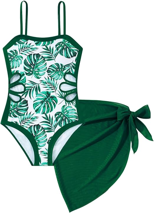 Girls Swimsuit Cut Out One Piece Bathing Suit Adjustable Straps Swimwear with Cover Up Skirt Size 9-16
