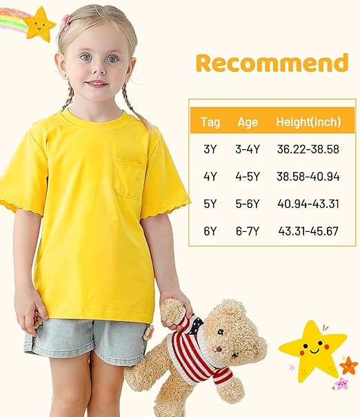 Girls Scalloped Edged T-Shirts with Pocket 3-6 Years Casual Cotton Tee Tops Blouse