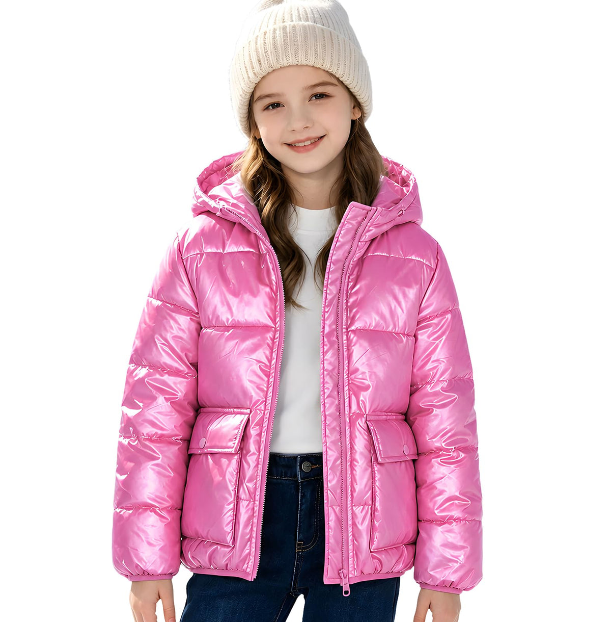 Funnycokid Girls Winter Coat Metallic Shiny Hooded Puffer Jacket 7-14Y