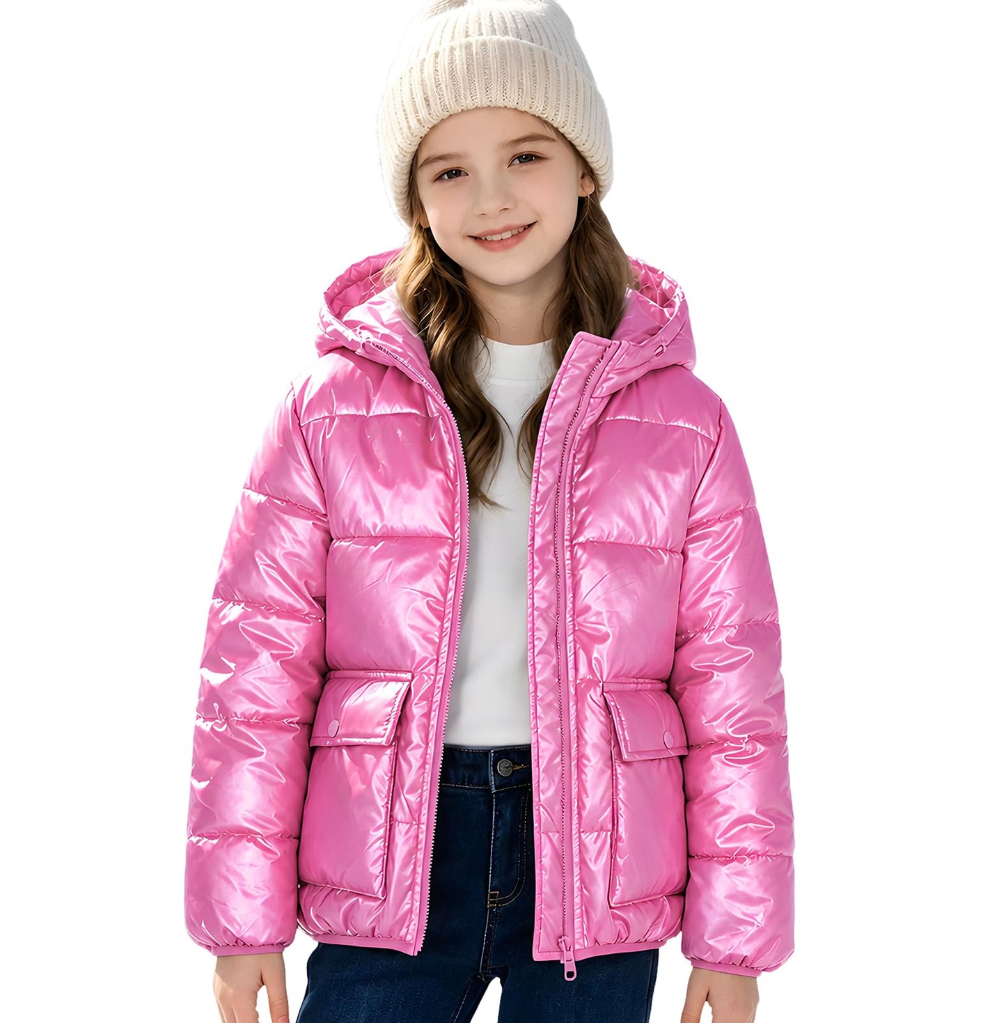 Funnycokid Girls Winter Coat Metallic Shiny Hooded Puffer Jacket 7-14Y
