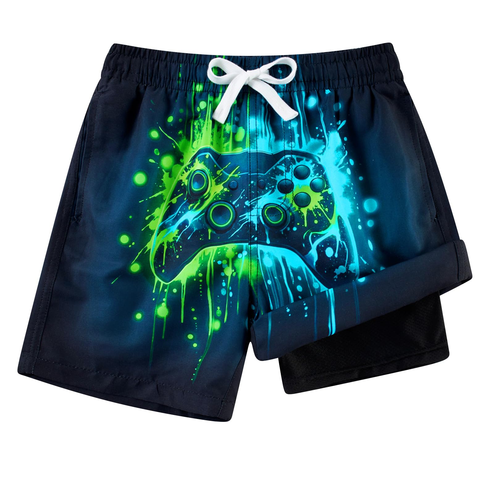 Cozople Boys Swim Trunks with Compression Liner Neon Bathing Suit Quick Dry Swim Shorts Swimsuit 7-16T